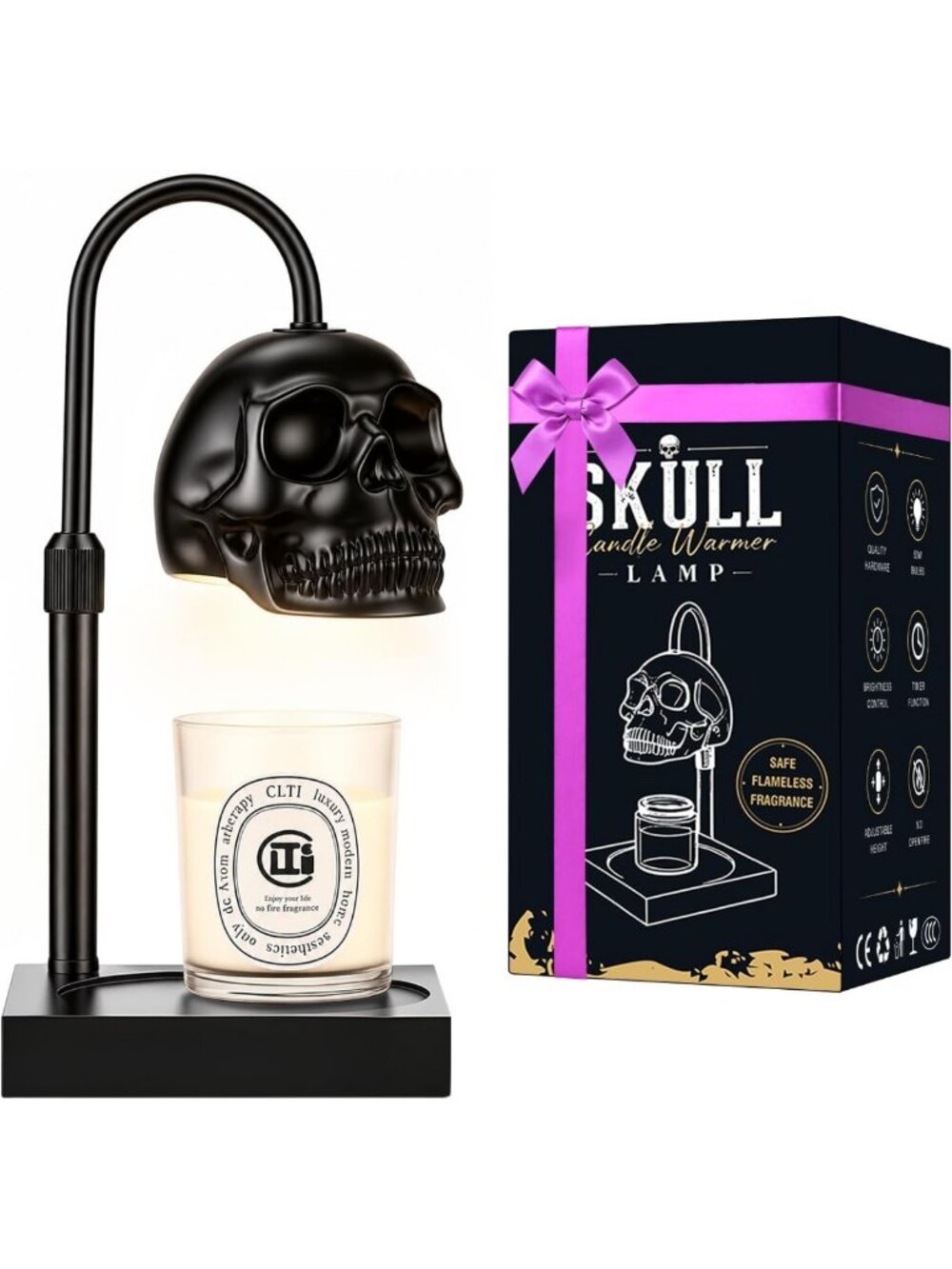 Gothic Skull Candle Warmer Lamp with Timer & Dimmer, Adjustable Height Wax